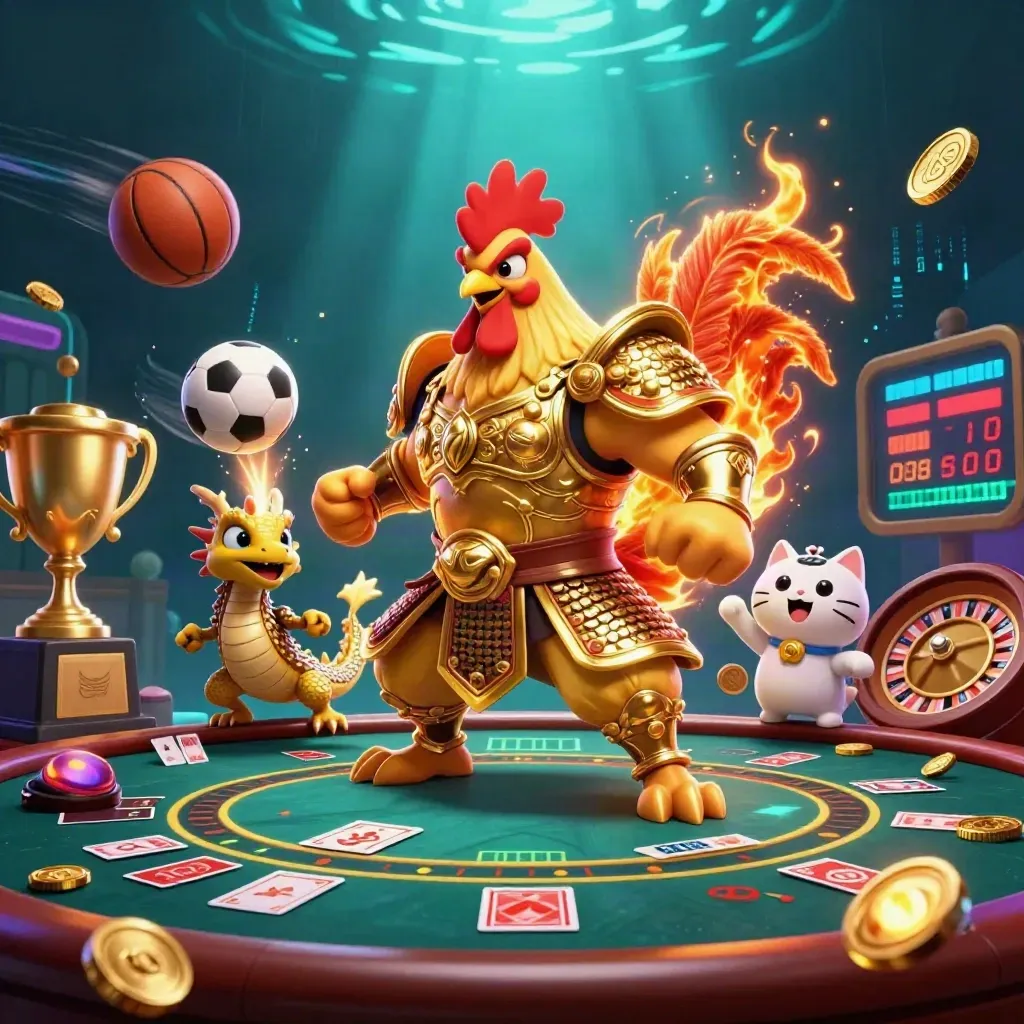 Rooster warrior, dragon hatchling and fortune-cat amid casino props, balls, coins and glowing lights