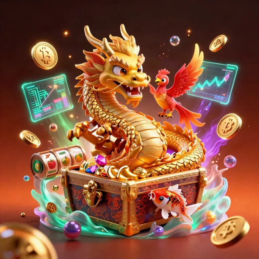 Golden dragon, red phoenix and koi burst from a treasure chest with neon casino coins.