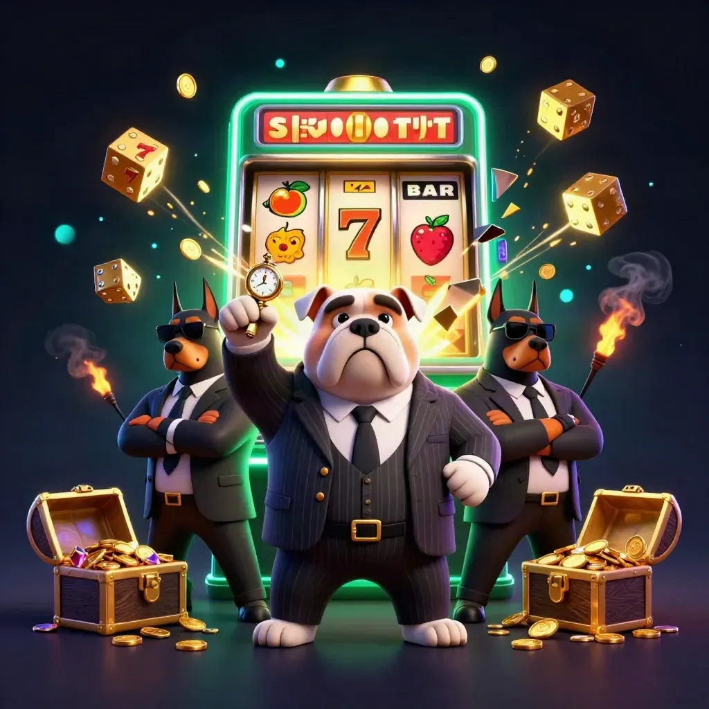 Bulldog casino boss and two Dobermans amid a bursting slot machine and gold treasure glow.