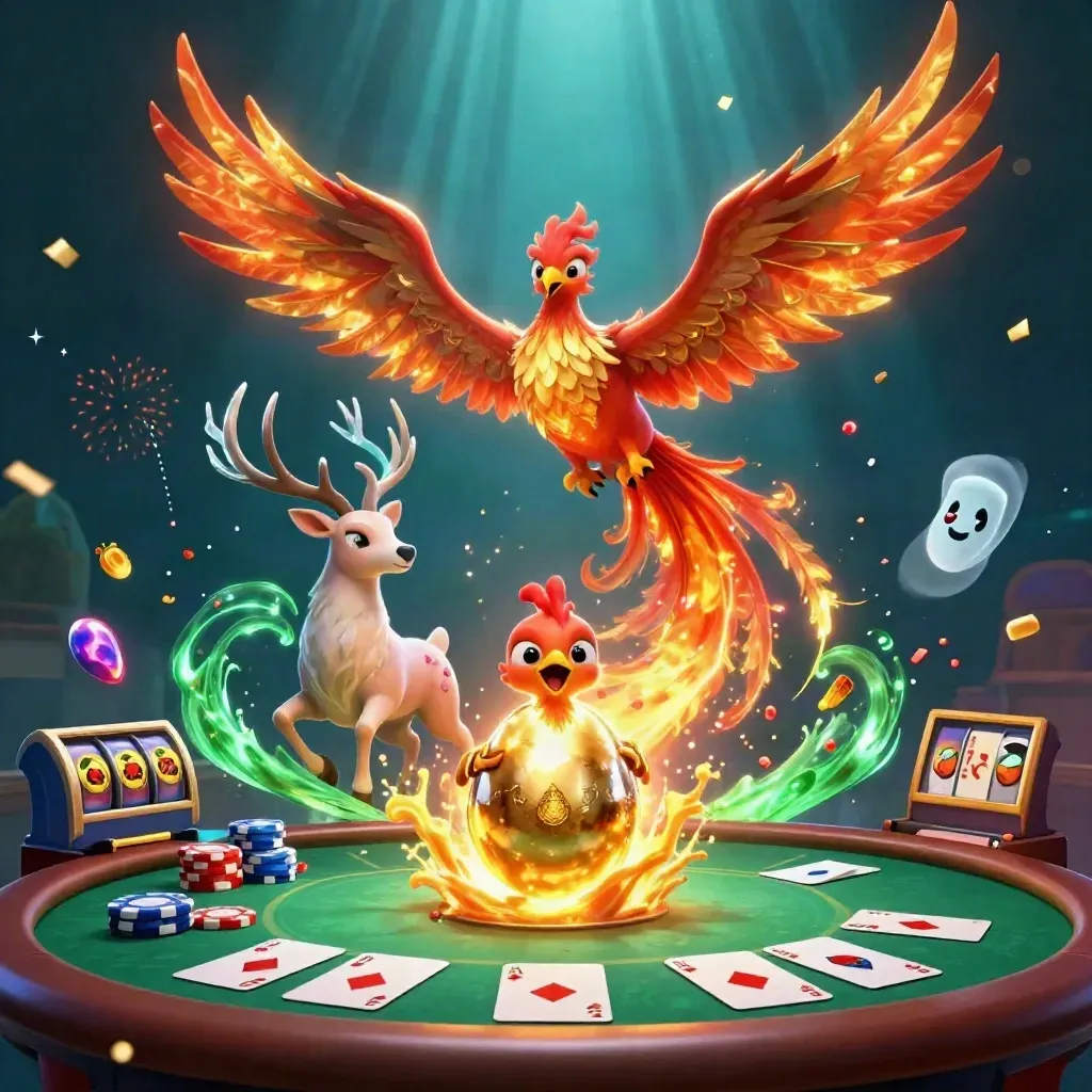 Fire phoenix, baby phoenix, and crystal stag amid casino chips and glowing cards.