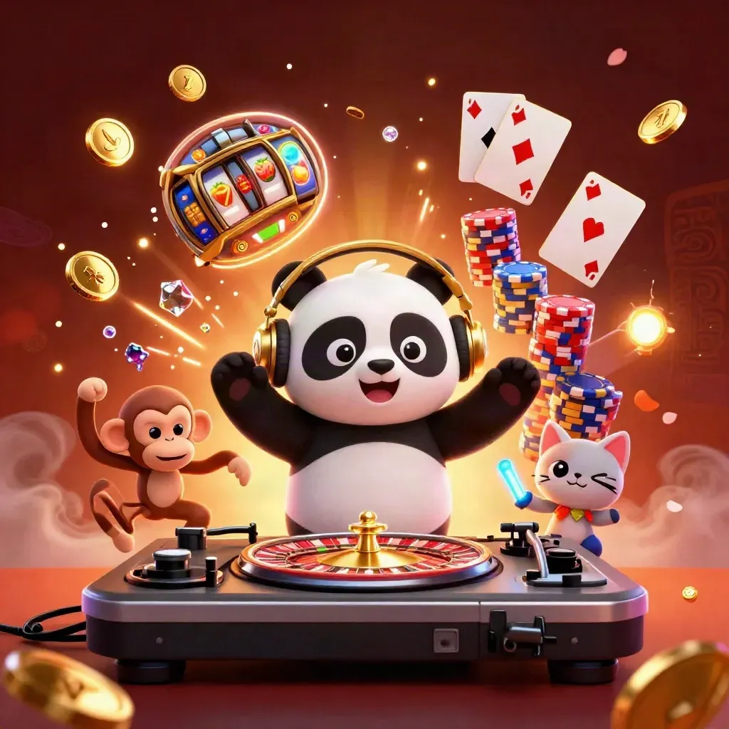 DJ panda, breakdancing monkey, and rave kitten amid gold coins, gems, and casino glow