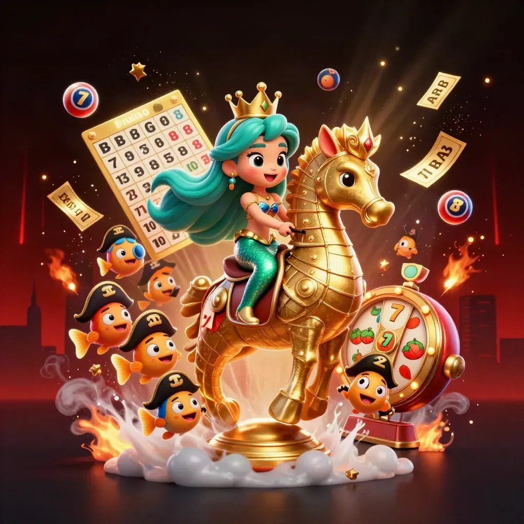 Mermaid princess on armored seahorse amid casino symbols, lights, and a dark neon skyline.