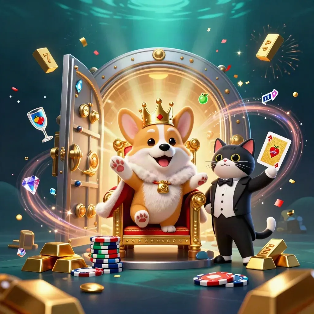 Royal corgi king and cat butler burst from a glowing treasure vault in a luxe underwater casino scene.