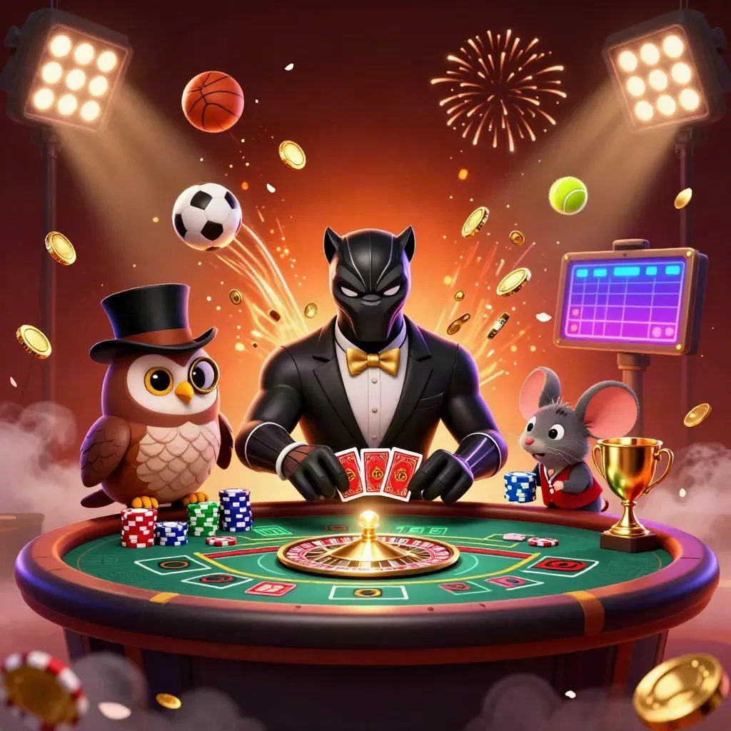 Panther, owl and mouse casino heroes amid cards, coins, sports balls, trophies and fireworks.