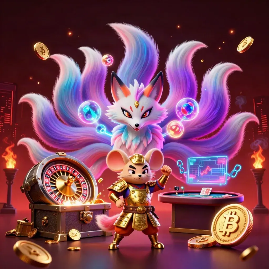 Fox spirit and samurai mouse amid casino coins, neon crypto, roulette, cards, and fireworks