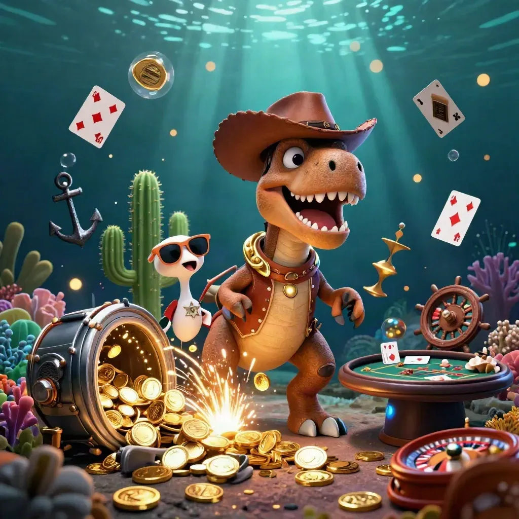 Cowboy T-Rex, cactus sidekick, and roadrunner amid gold coins, coral, cards, and casino glow.