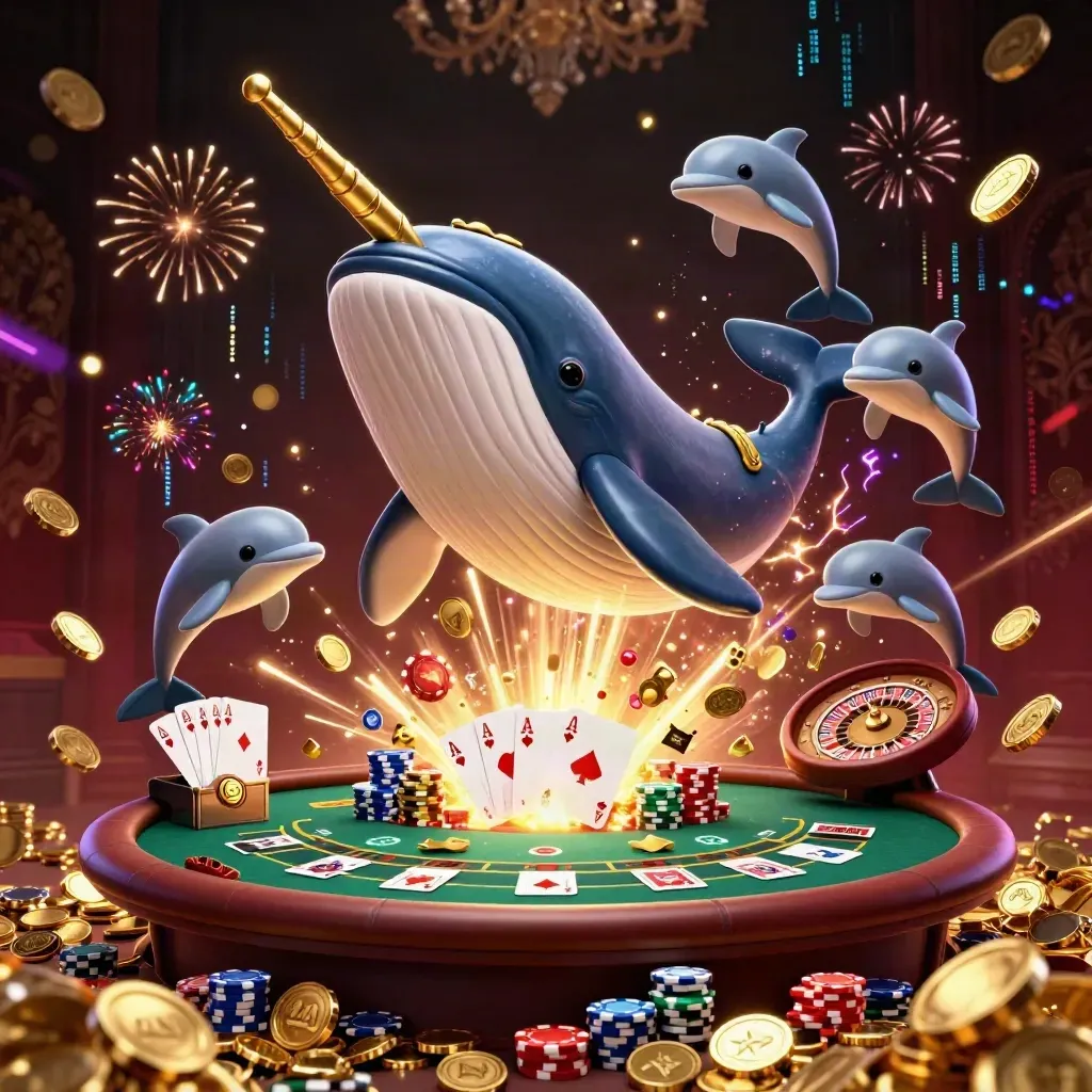 Whale captain, narwhal, and dolphins burst through coins around casino tables and fireworks.