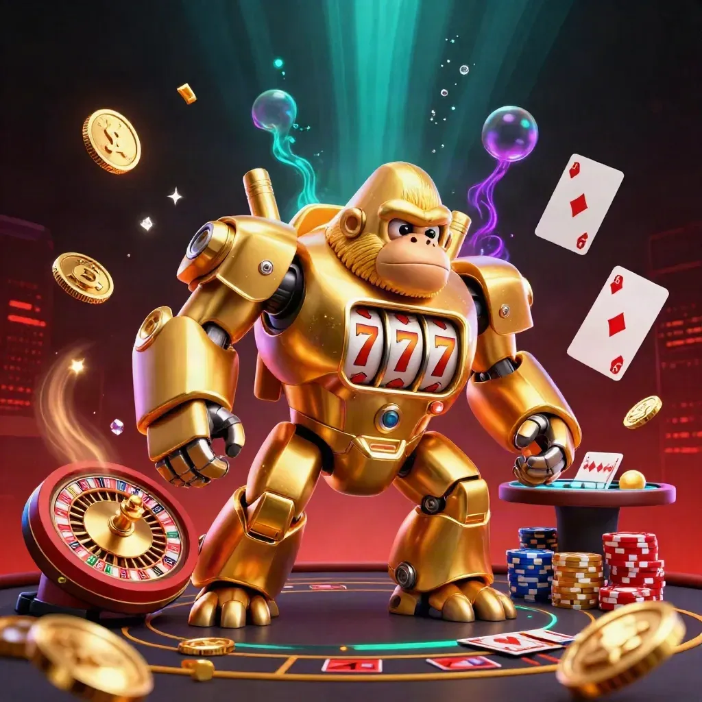 Golden gorilla mech jackpots coins and chips in a neon casino blast.