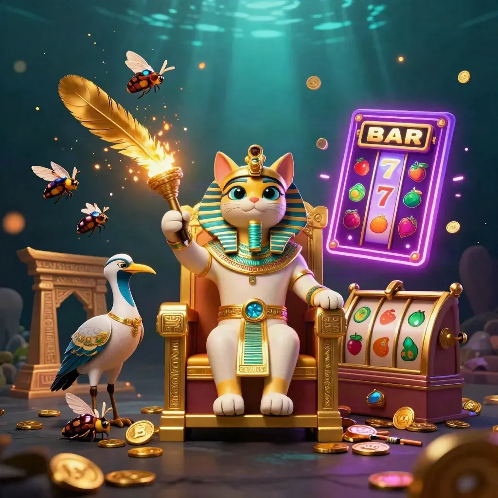 Pharaoh cat on throne with ibis scribe, scarabs, reels, coins, and casino glow.