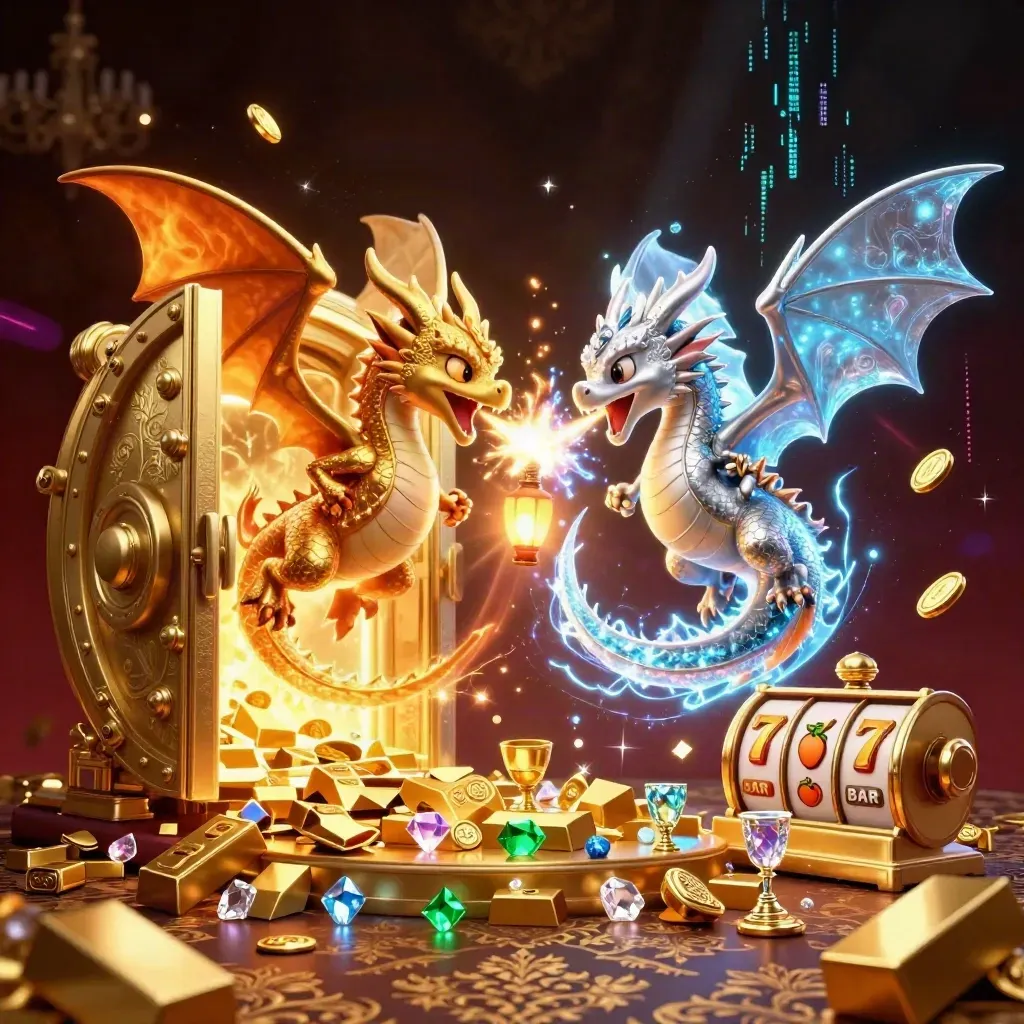 Twin gold and silver dragons spiral around a glowing vault with gems and casino symbols.