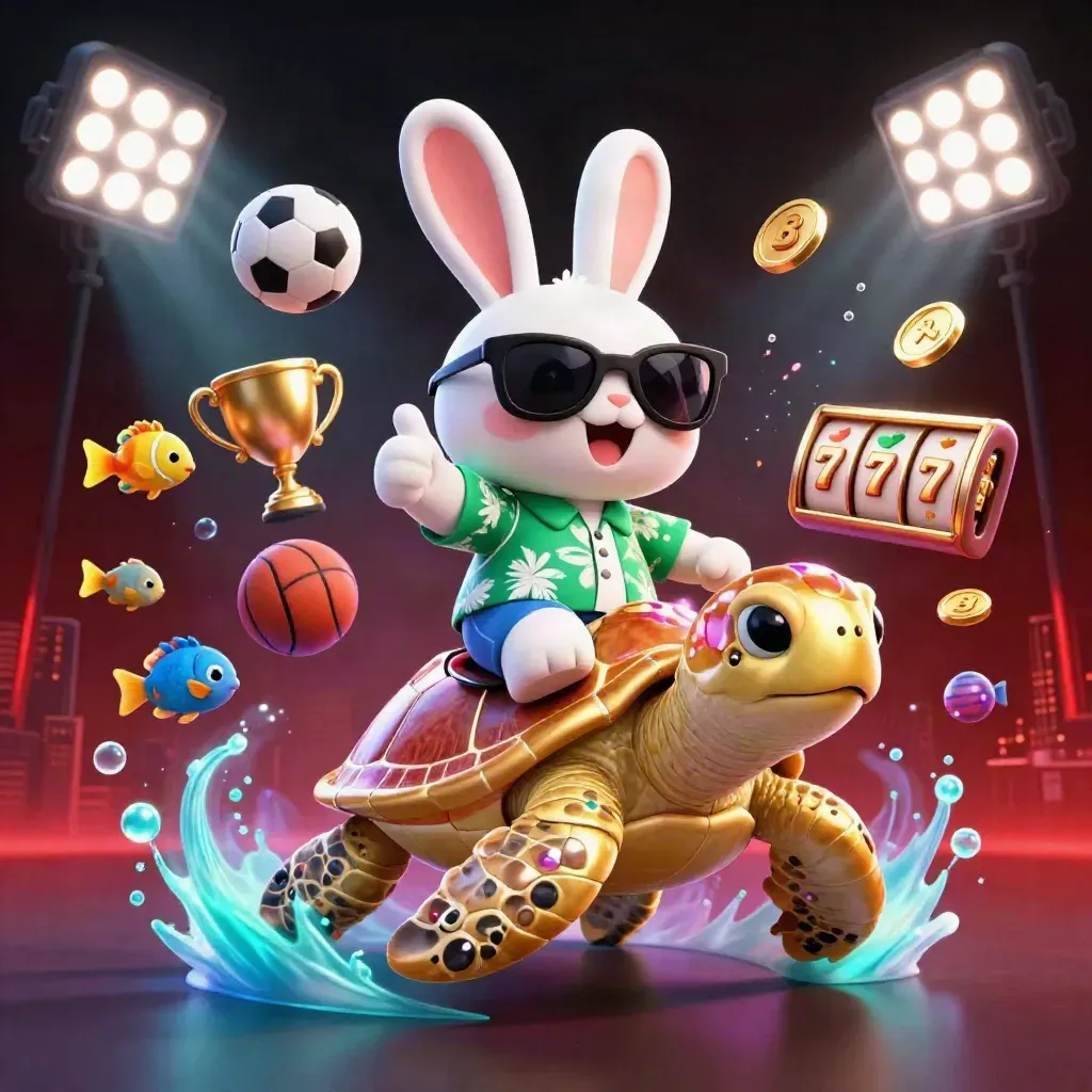 Lucky rabbit riding a golden gem-shelled sea turtle amid casino coins, balls, and neon glow.