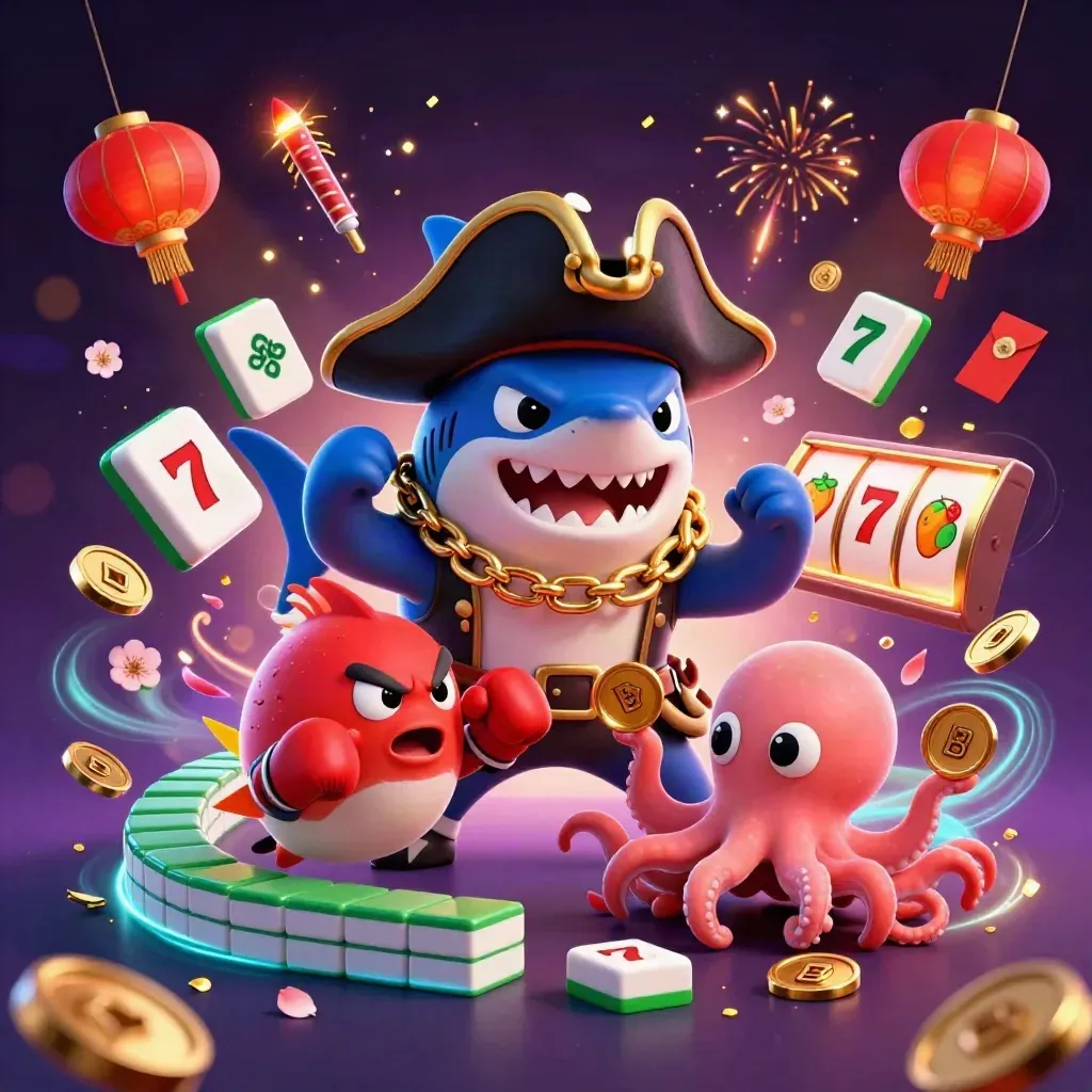 Shark pirate, boxing pufferfish, and coin-juggling octopus in neon casino magic