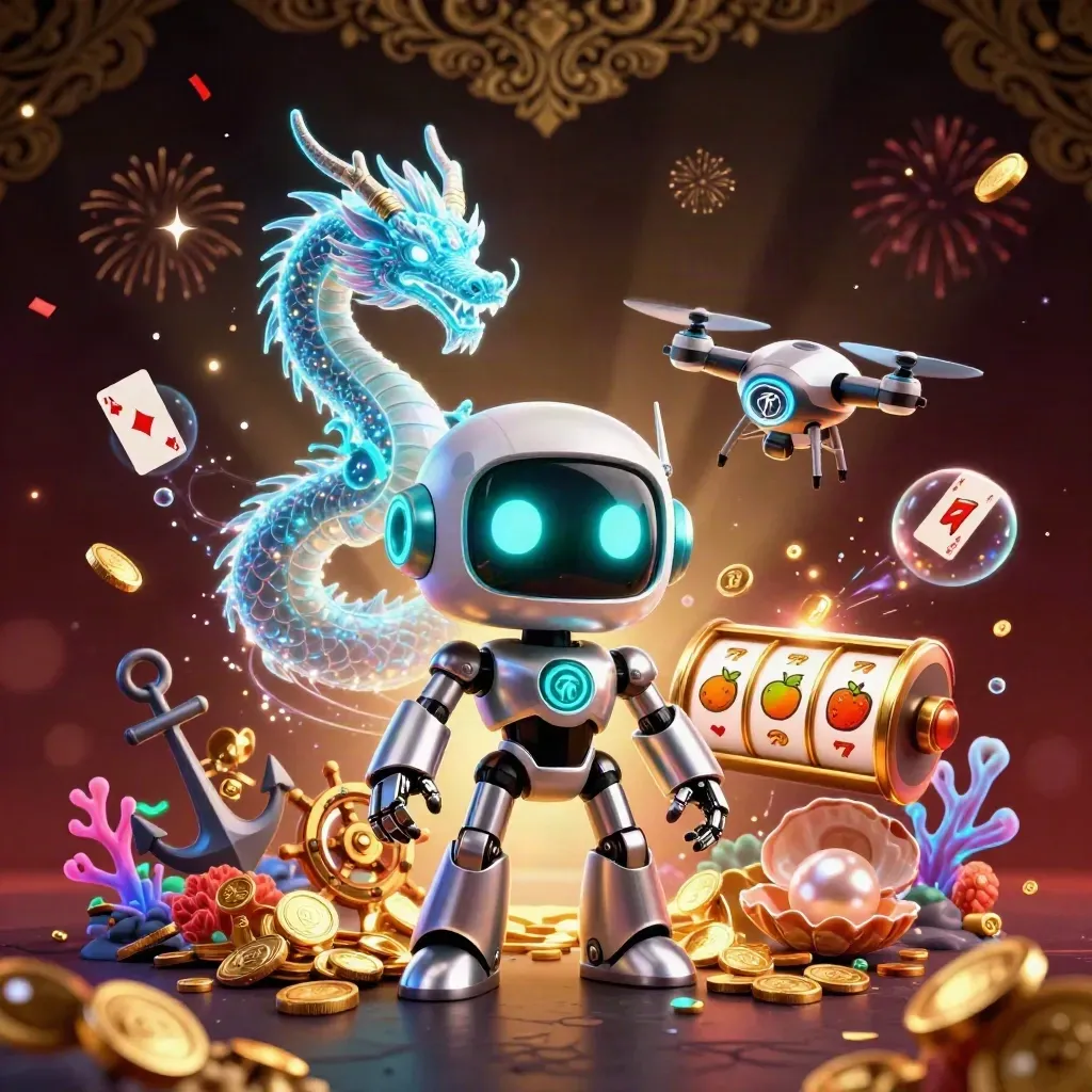 Robot, holographic dragon, and coin drone amid treasure cove chaos on a luxe casino backdrop.