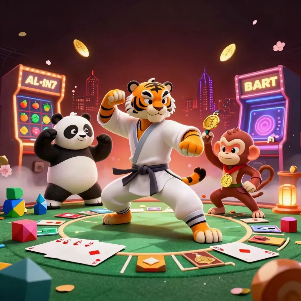 Kung-fu tiger, panda, and monkey amid casino chips, cards, and glowing slot reels.