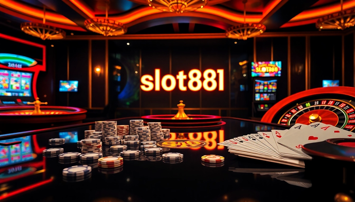 Player engaging with the vibrant slot888 machine in a luxurious casino atmosphere, featuring poker chips and casino cards.