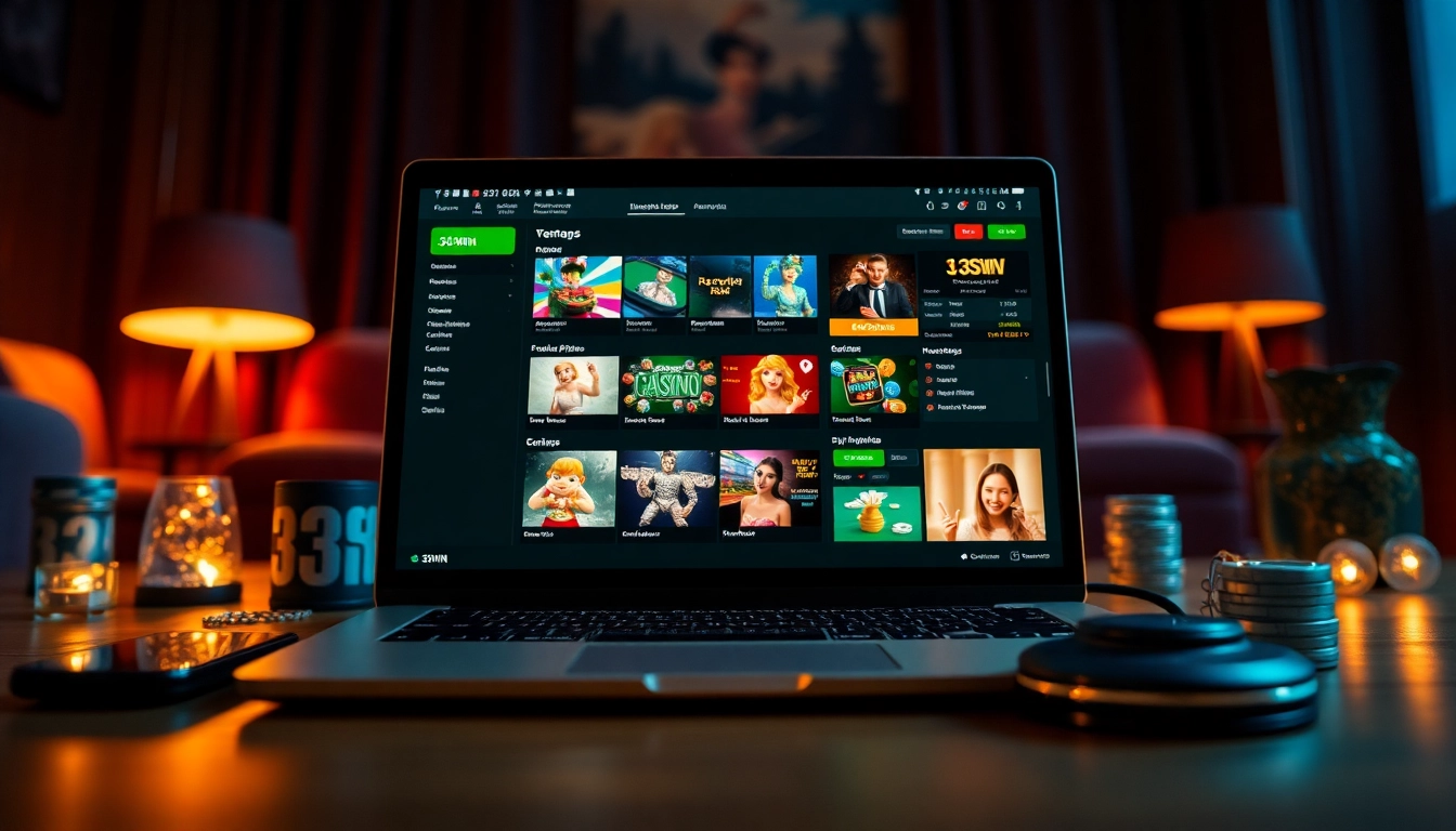 An interactive scene showcasing the features of 33WIN, the premier international online gambling platform.