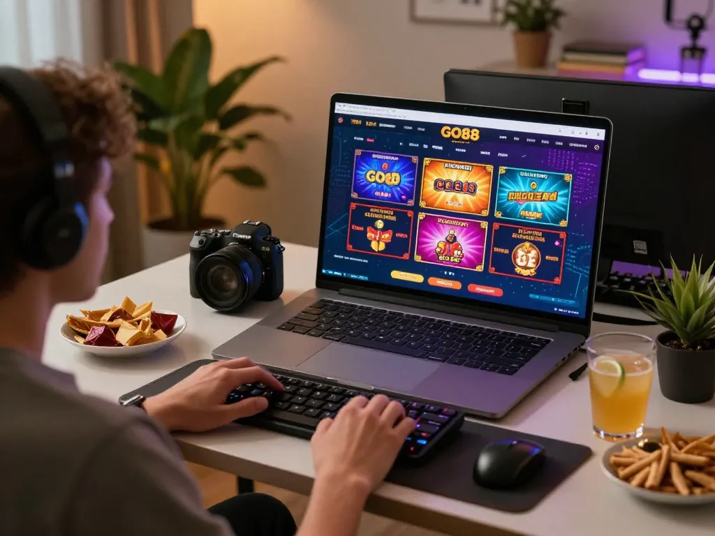 Engaging in online gaming with GO88 interface on a laptop, showing vibrant gameplay and cozy atmosphere