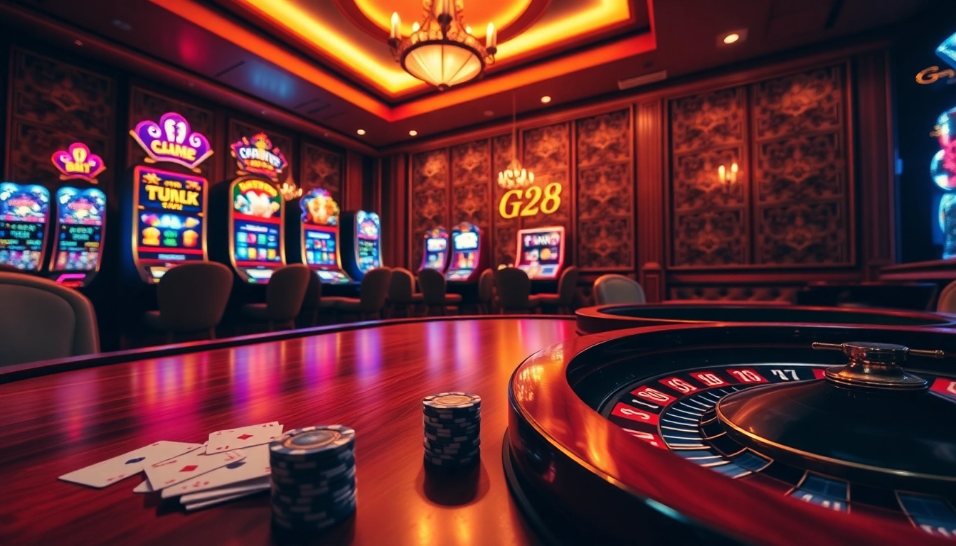 Experience the thrill of online gambling at Trang chủ G28 with flashing slot machines and an elegant poker table setting.