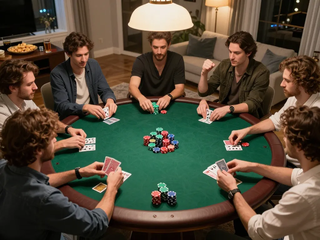 KJC players engaging in strategic poker night with colorful chips and warm atmosphere.