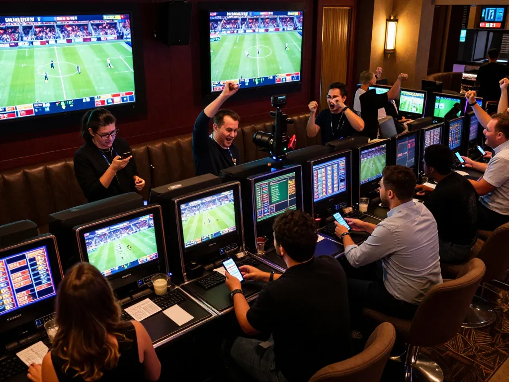 MK8 enthusiasts placing live bets in a premium sports betting lounge during a major event.