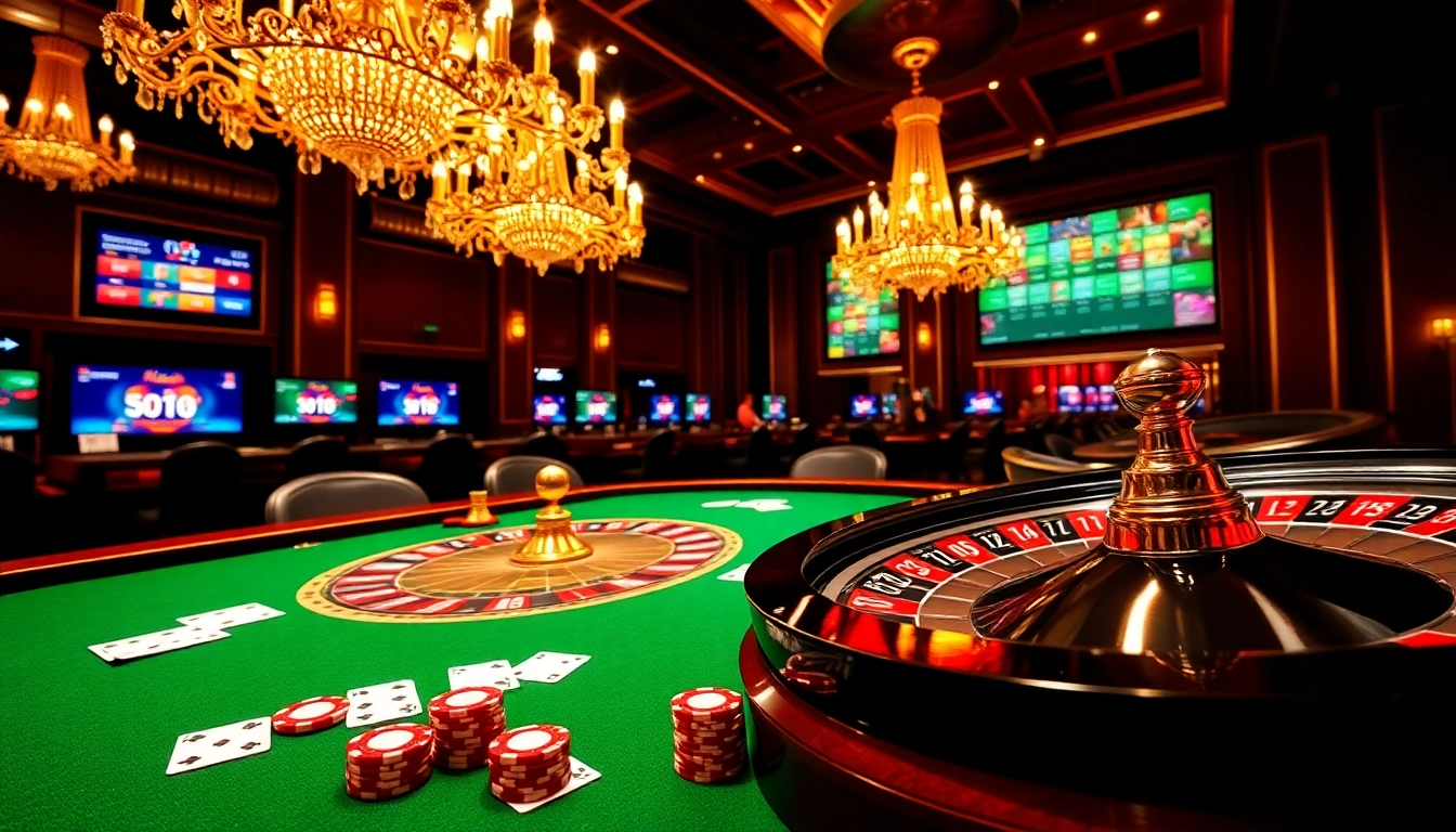 Lazadatoto's vibrant casino scene showcasing roulette wheel and poker chips, inviting excitement.