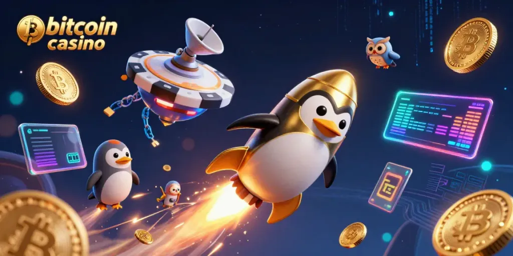 Experience the excitement of a bitcoin casino featuring a rocket-powered penguin and vibrant crypto elements.