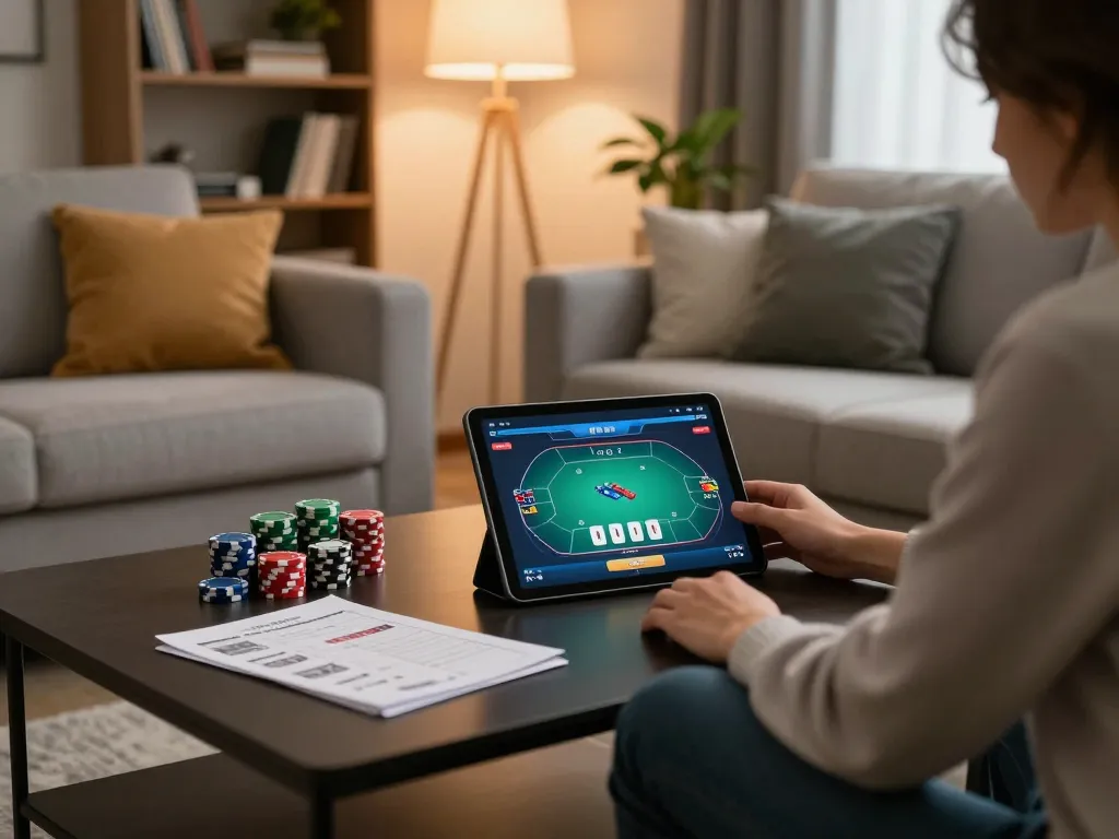 Engaged player using bdtk66.one for online poker strategy in a cozy living room setting.