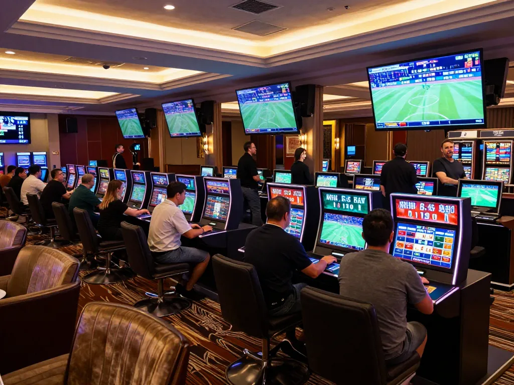 In a vibrant sports betting lounge, bettors engage with kiosks at https://keonhacai5.mobi/ showcasing live sports events and enthusiastic crowds.