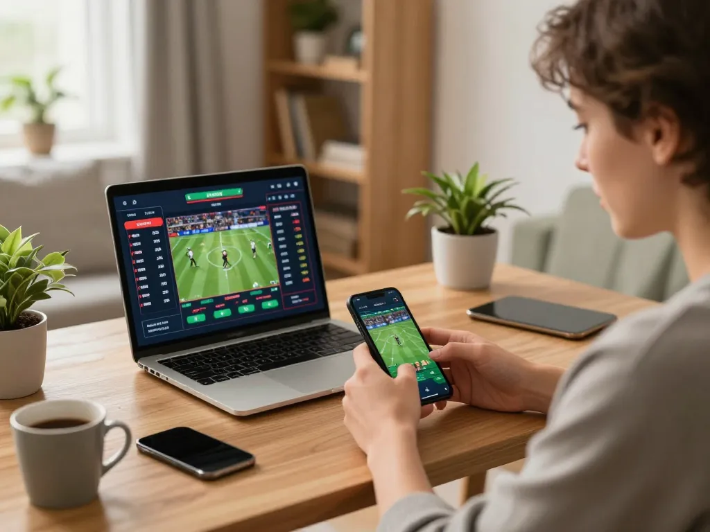 Person engaged in online betting on ho88 app, showcasing sports betting excitement in a cozy home office.