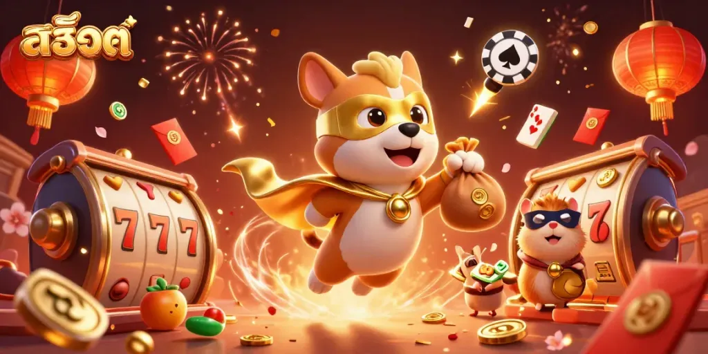 Engaging สล็อต themed digital illustration with a superhero dog, hamster, and lively casino elements.