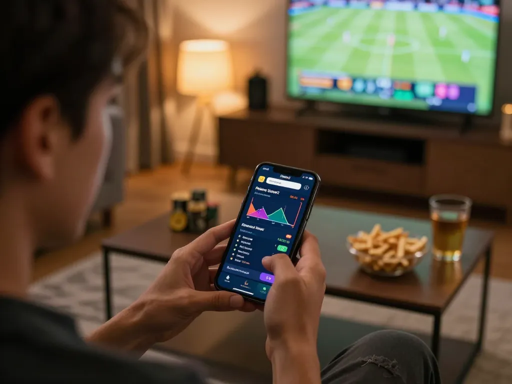 Engaging with the f8beta2 app for live sports betting in a cozy home atmosphere.