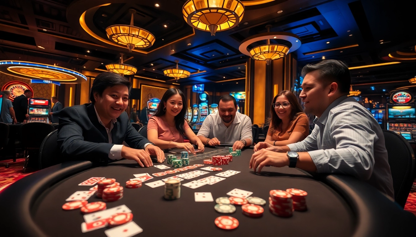 Excited players enjoying a thrilling game at 13win casino, featuring poker chips and vibrant slot machines.