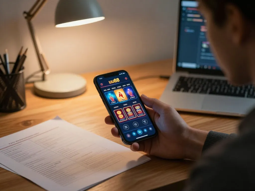 Engaging with the uu88 casino app on a smartphone in a cozy home setting while analyzing strategies.