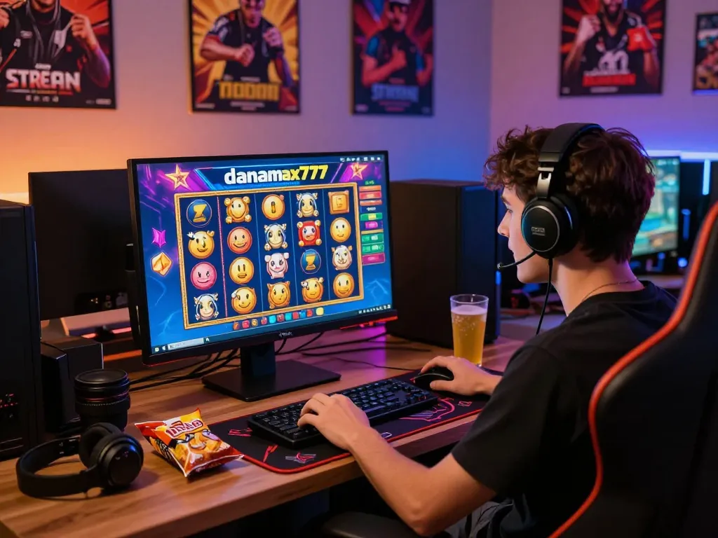 Suasana permainan yang menarik dengan seorang pengguna yang aktif bermain slot online danamax777, menampilkan grafik berwarna-warni, aksesori permainan, dan pencahayaan ambien.