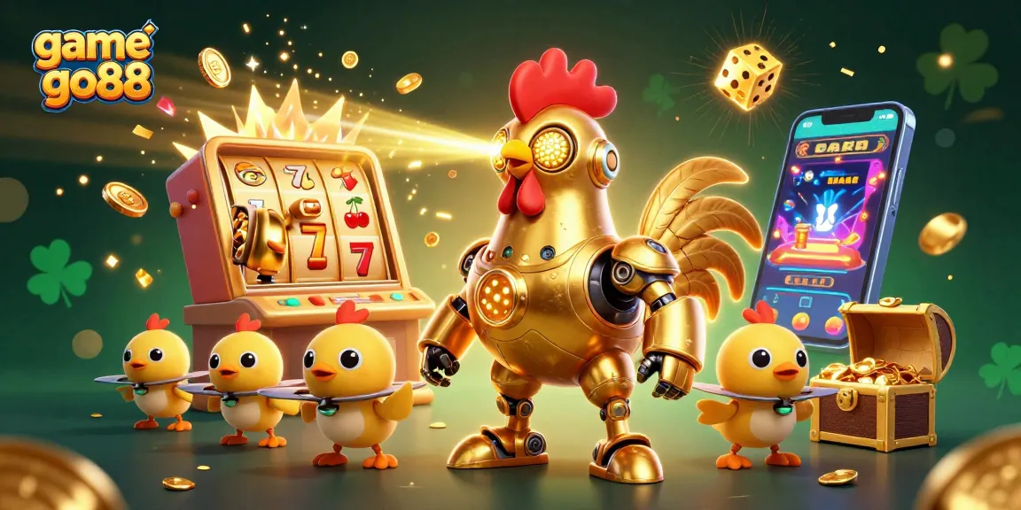 Engage with game go88 through an exciting jackpot scene featuring a golden rooster robot and vibrant casino elements.