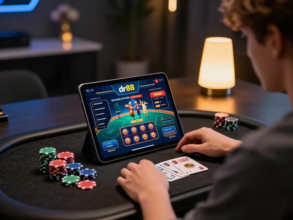 Player engaging with dr88 online gaming platform on tablet, showcasing a vibrant gambling atmosphere
