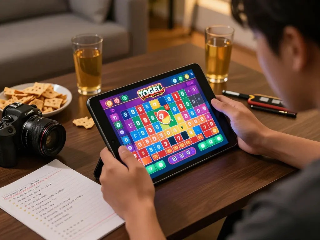 Engaged player strategizing for togel game on tablet, highlighting responsible gambling.