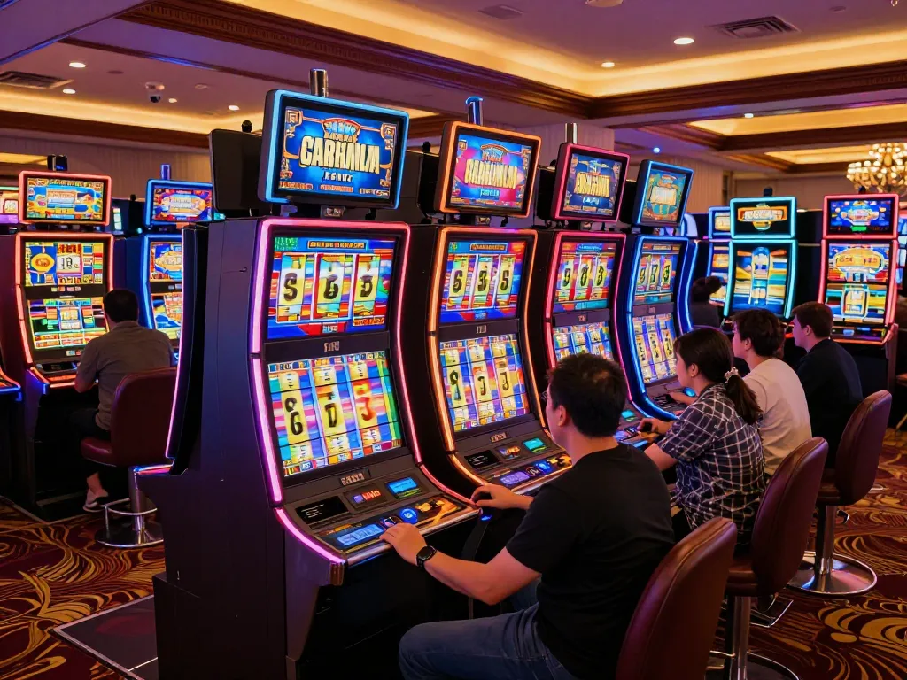 Players enjoying engaging link slot games in a vibrant casino environment.