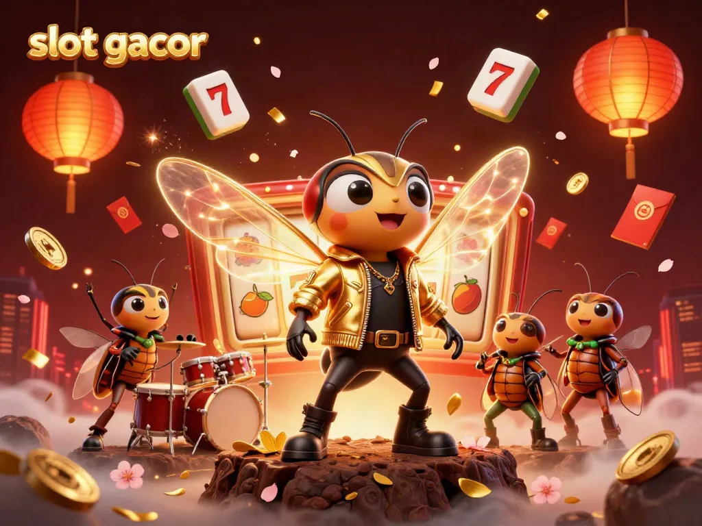 Engaging scene of a cicada rock star and friends celebrating slot gacor wins with vibrant casino elements.