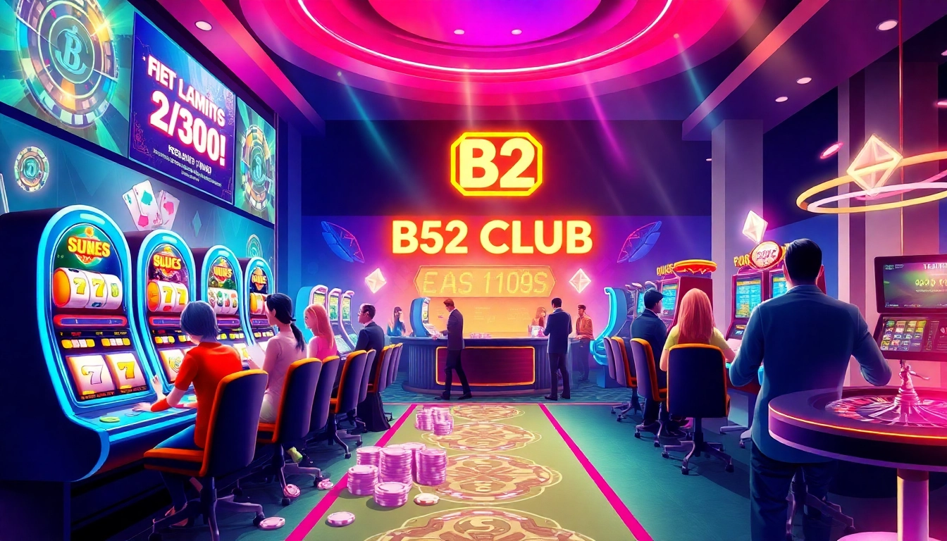 B52 CLUB Casino Scene with players enjoying poker and slots in a vibrant online platform.