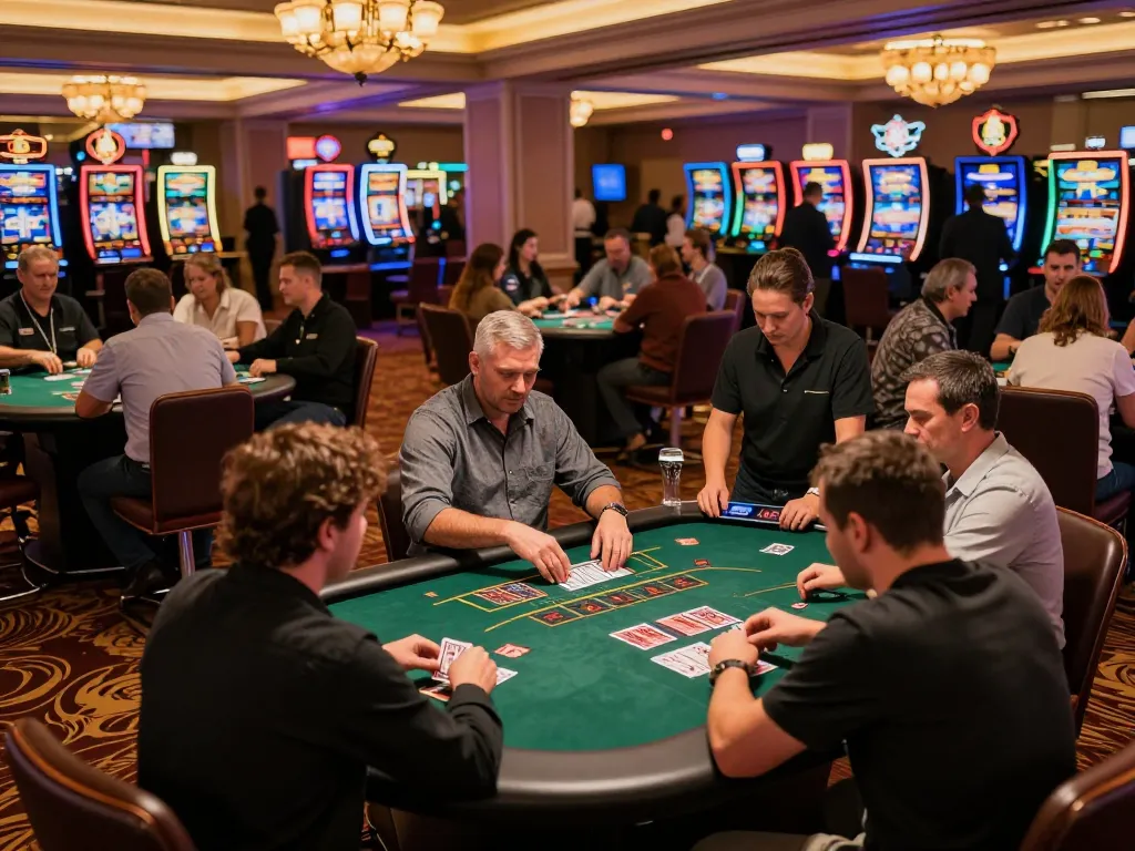 Players engaged in an intense blackjack game at lc88 casino, showcasing strategic gameplay amid vibrant casino atmosphere.
