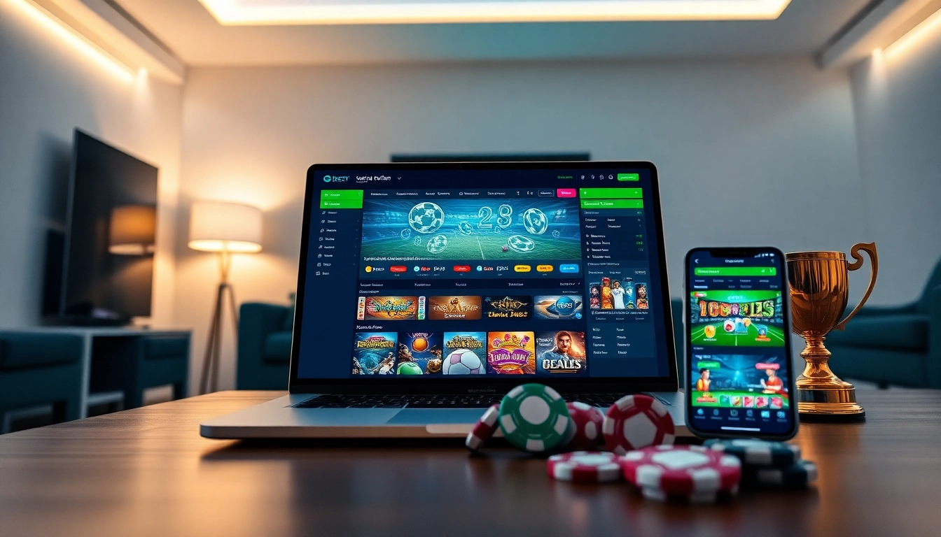 Interactive online betting platform displayed on a laptop and smartphone, showcasing diverse gambling options at 8s.