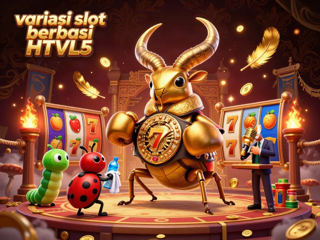 Variasi slot berbasis HTML5 menampilkan karakter unik dalam arena pertarungan dengan efek api dan koin emas yang bertebaran.