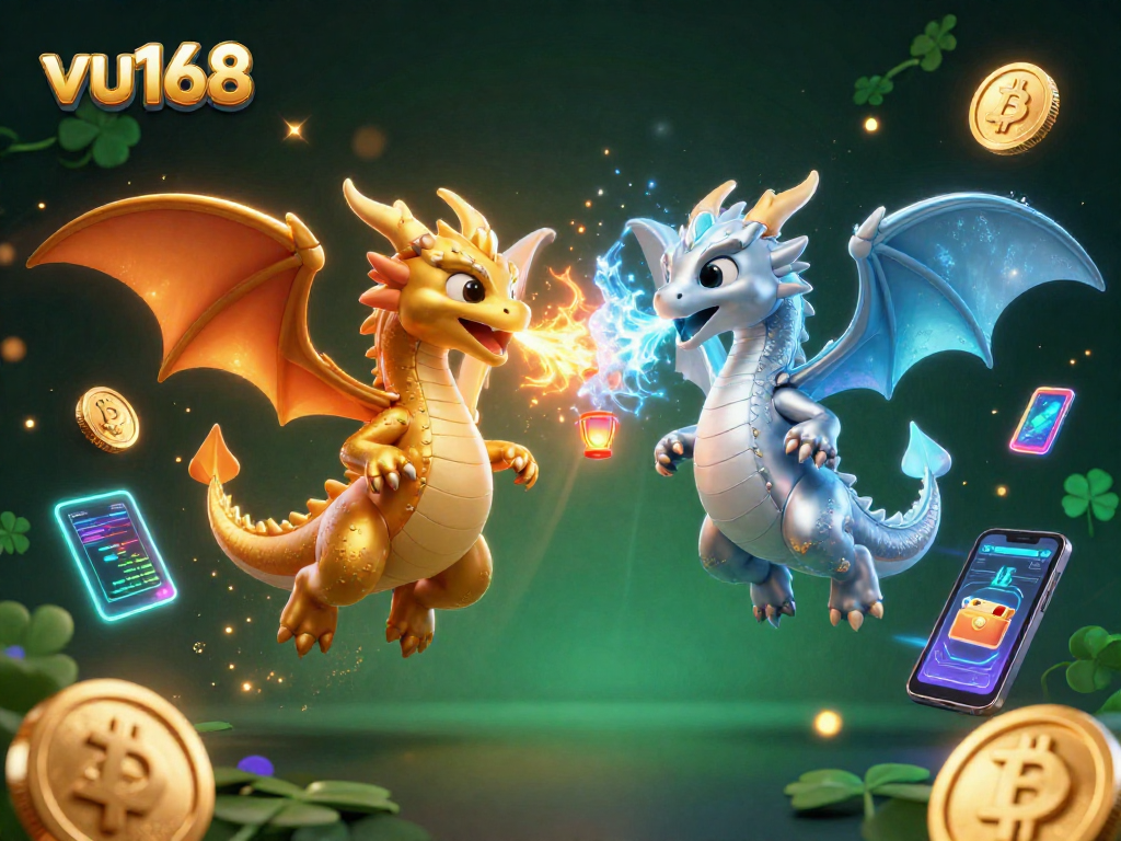 Engage thrilling bets on vu168 with a vibrant scene showcasing dragons and crypto elements.