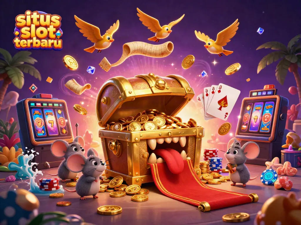 Ilustrasi 3D situs slot terbaru dengan peti harta beruang emas dan simbol keberuntungan.