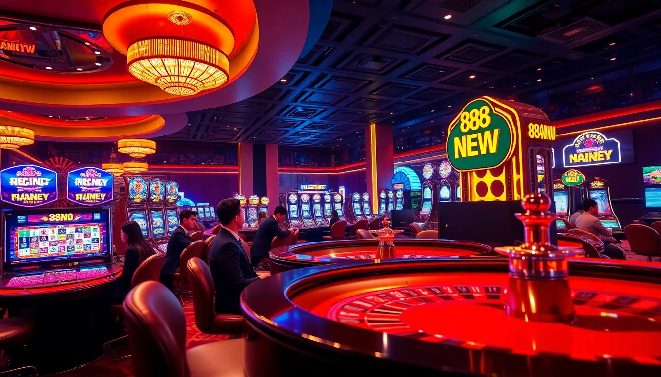 Engaging scene of professional gamblers at nhà cái 888NEW casino, displaying excitement and luxury.