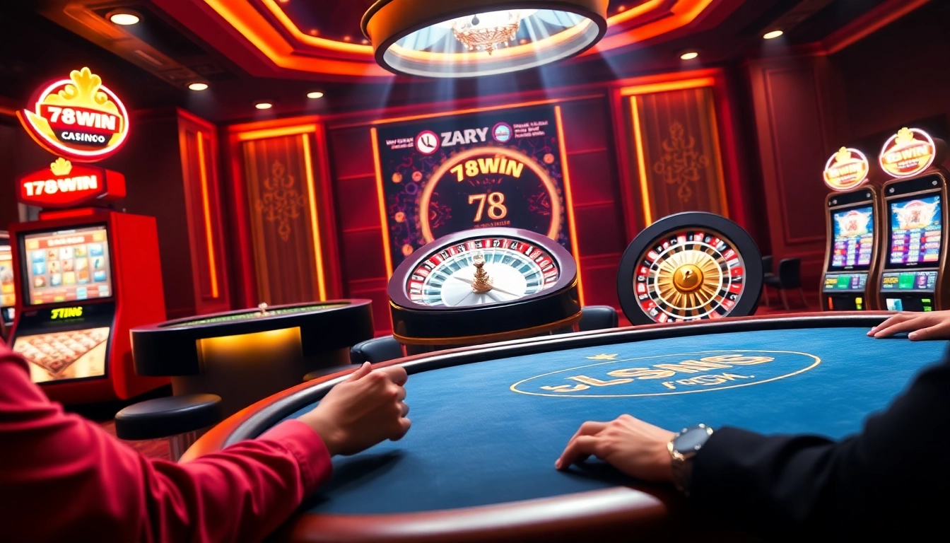 Experience the thrill of winning at 78WIN with luxurious poker tables and vibrant slot machines.