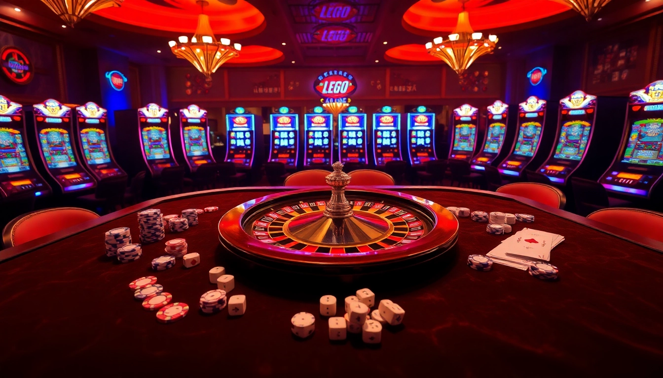 Gambling excitement on lego138 with poker chips and roulette wheel in a luxurious casino.