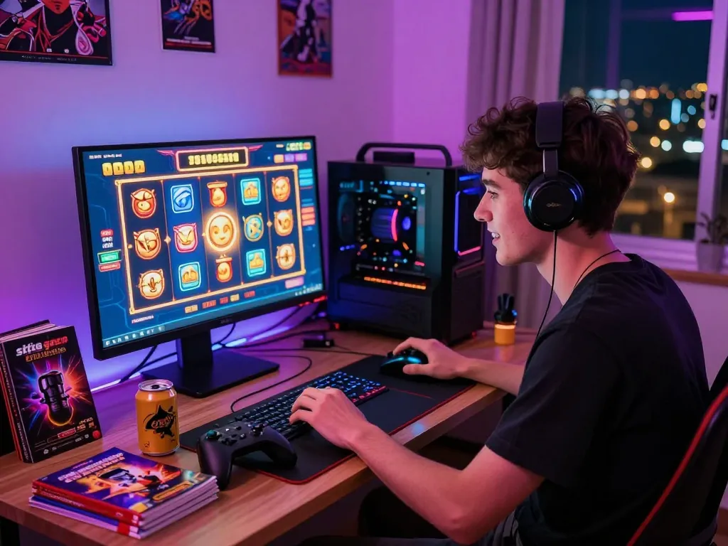 Exciting scene of a young man playing at situs gacor, showcasing vibrant gaming atmosphere with slot machine winning notifications.