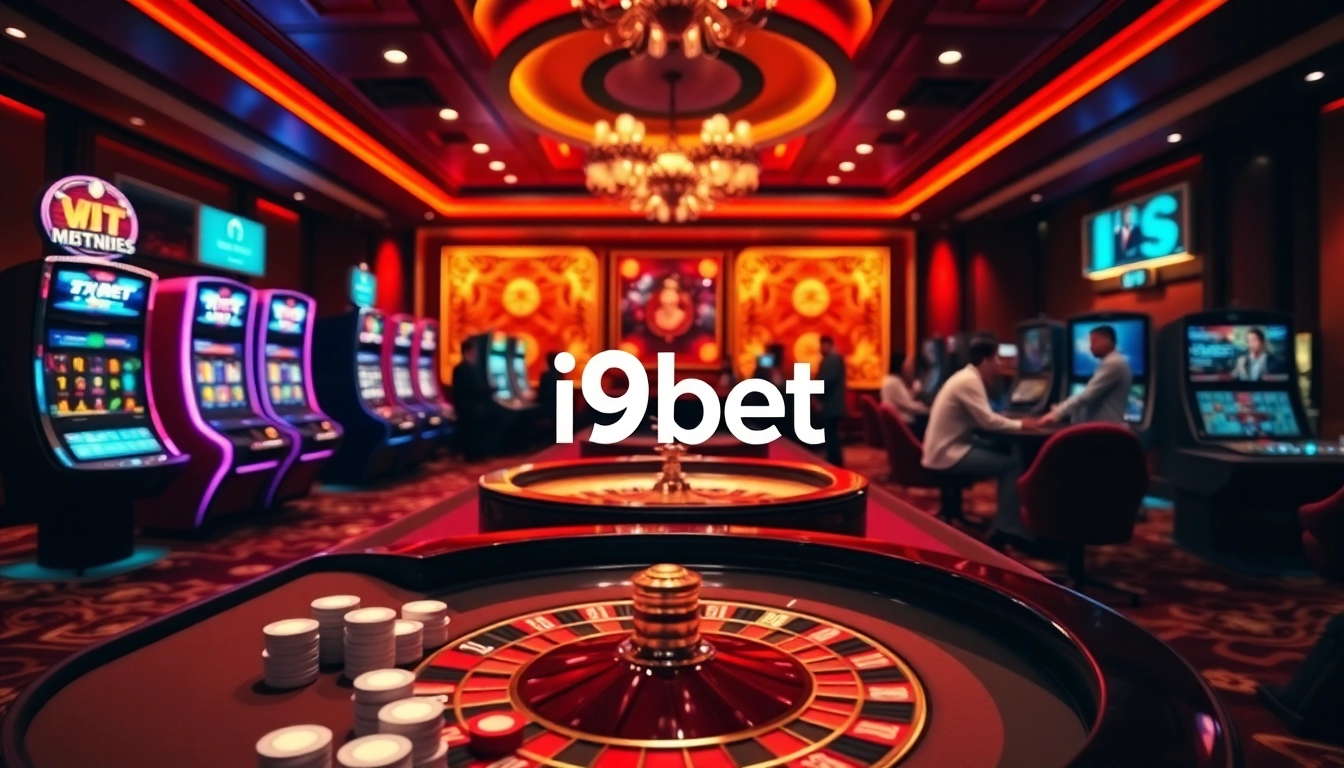 Exciting gaming scene showing i9bet with poker chips, roulette wheel, and slot machines.